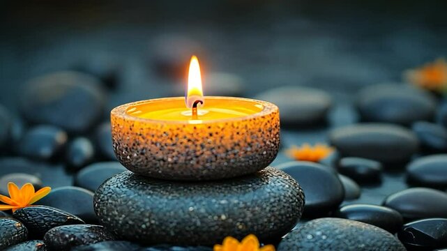 Serenity: A Lit Candle on Stacked Stones