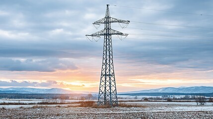 Metal power line tower against a winter sunrise.