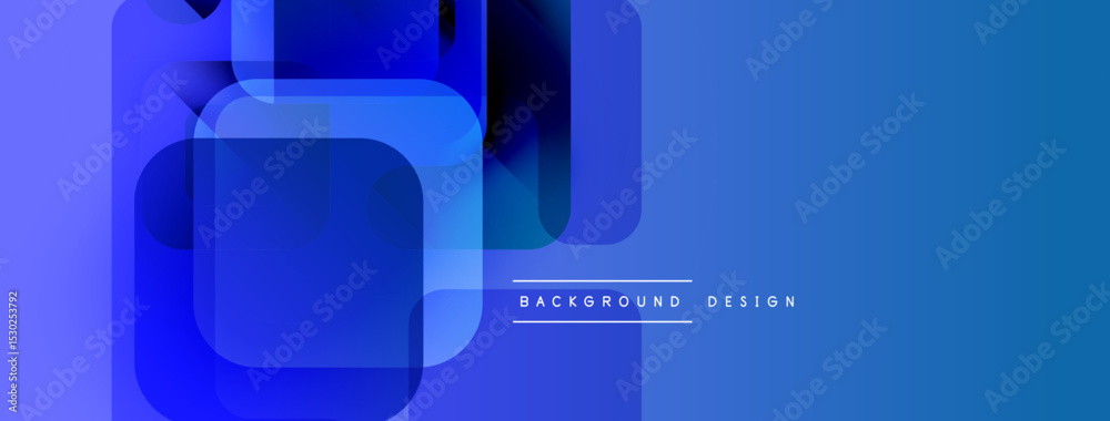Poster Abstract blue geometric shapes overlap creating modern background. Gradient colors provide depth, visual interest. Minimal text present.