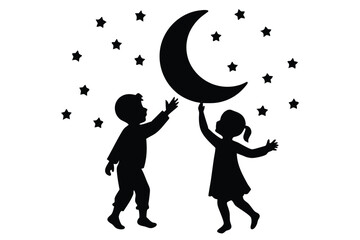 Eid celebration children playing under moon and stars