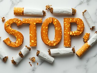 Cigarettes arranged to convey a powerful anti-smoking message with the word STOP on a bright white background