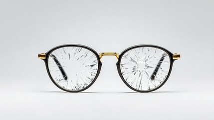A pair of eyeglasses with shattered lenses.