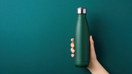 Hand Holding Green Insulated Water Bottle on Solid Background