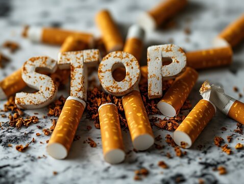 Strong anti-smoking message conveyed through cigarettes creatively arranged to spell STOP against a white backdrop