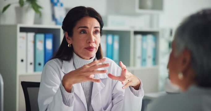 Woman, doctor or consulting with patient for health advice, results or diagnosis at hospital. Female person, healthcare worker or consultant speaking to client for medical symptoms at medicare clinic