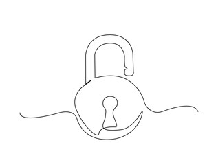 padlock in single line draw illustration. Continuous one line drawing of retro padlock. Editable stroke.