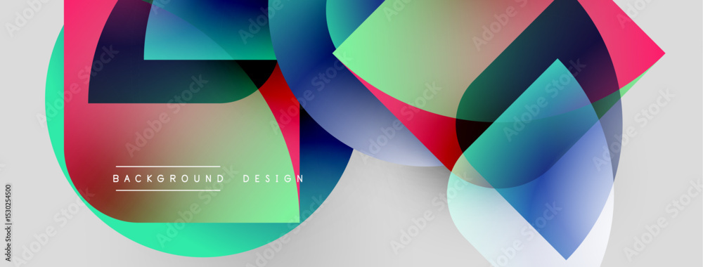 Poster Abstract colorful shapes overlap, creating dynamic visual effect. Gradient hues blend smoothly, forming modern background design.
