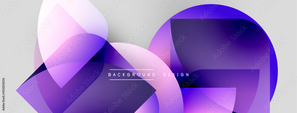 Poster Abstract shapes overlap, creating vibrant purple gradients. Modern design features smooth transitions, light effects, simple text.