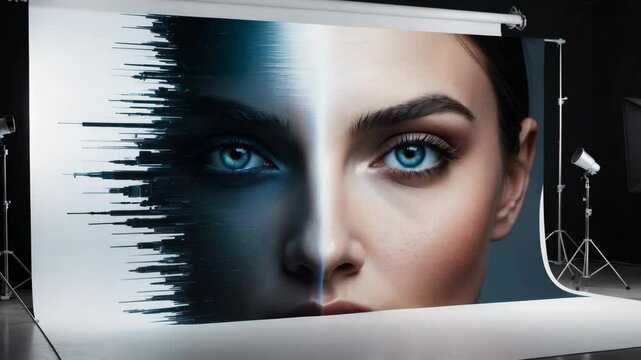 Digital artwork of a beautiful woman with piercing eyes in a professional studio backdrop