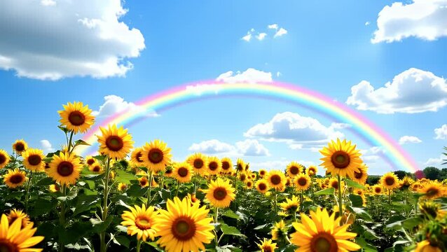 Vibrant sunflowers bloom in colorful field under bright blue sky, where fluffy clouds drift and beautiful rainbow arches overhead, creating cheerful summer landscape in nature.