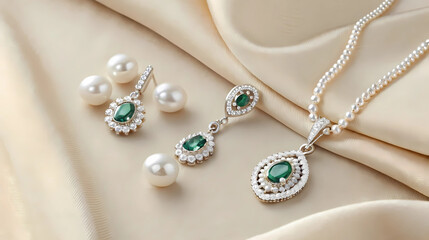Luxury pearl and emerald jewelry set on satin background, elegant accessory flat lay, high-end fashion product, bridal and formal event styling