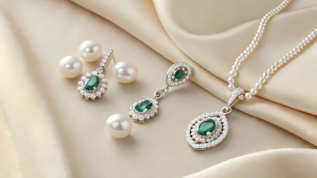 Luxury pearl and emerald jewelry set on satin background, elegant accessory flat lay, high-end fashion product, bridal and formal event styling