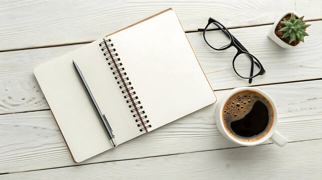 Flat lay of open notebook with pen, coffee cup, glasses, and succulent on white wooden desk, workspace concept, planning session, journaling, freelance and creative productivity setup