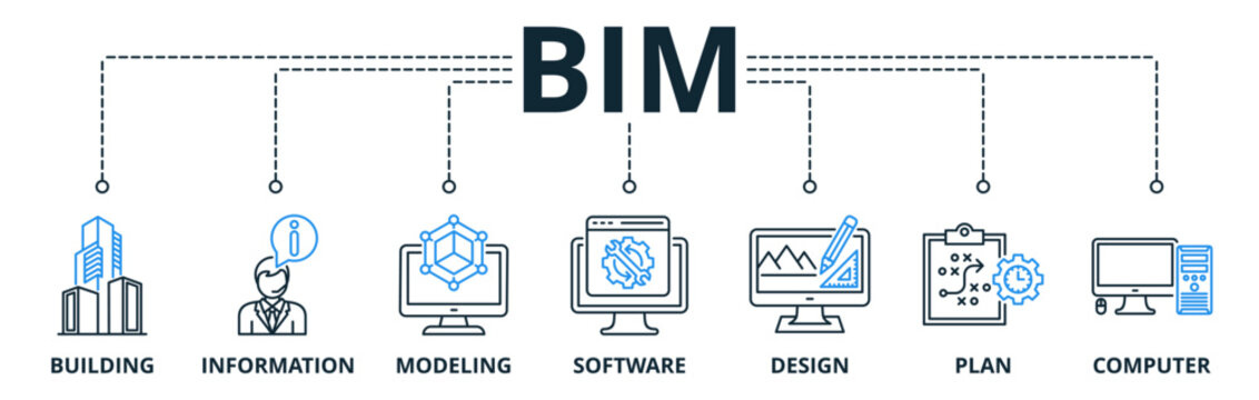 BIM web banner icons vector illustration concept building information modeling with icons keywords building, information, modeling, software, design, plan, computer