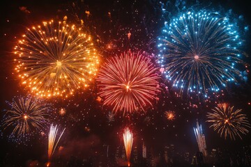 Fototapeta premium Festive fireworks illuminate the New York City skyline with patriotic colors celebrating freedom and holiday spirit