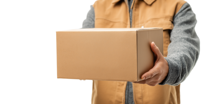 Delivery man's hand with parcel box isolated on transparent background. Service concept