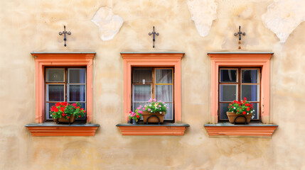  Charming windows with flower pots on a serene beige wall captured in summer light