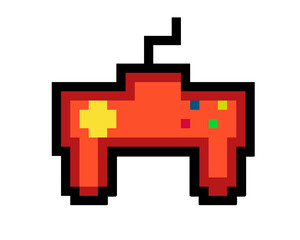 The isolated 8 bits pixel art red game joypad controller icon