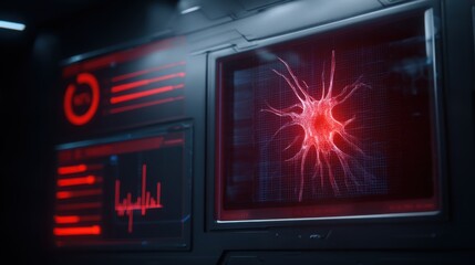Futuristic high-tech display setup with multiple screens showcasing advanced digital readouts and neural data visualization. Prominent vivid red neuron-like structure on blue-grid background, circular
