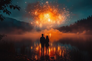 Fototapeta premium Couple enjoys mesmerizing fireworks reflecting on the tranquil lake during a peaceful summer night celebration