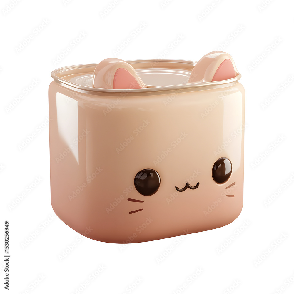 Poster a 3d cartoon inspired icon of a soft pastel brown plastic container designed to resemble cat food fe