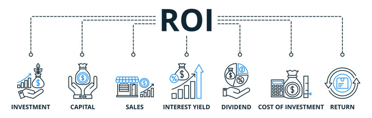Roi web banners concept vector illustration with keywords and icons	