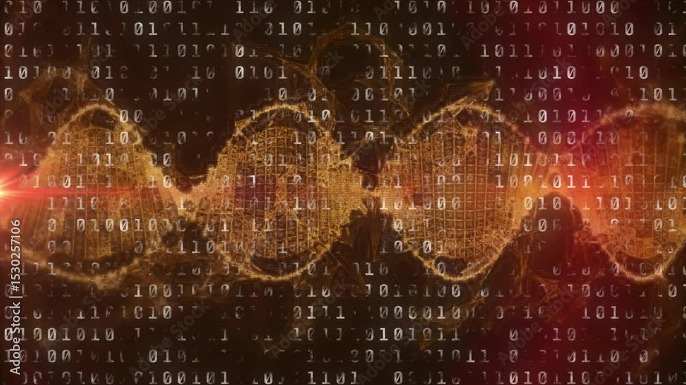 Poster glowing dna helix pulsing over binary background then red flare sweeping for data visualization