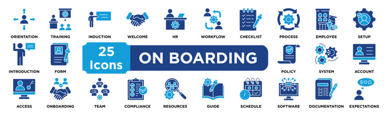 On boarding icon collection set. Containing orientation,training,induction,welcome,HR,workflow,checklist,process,employee,setup icon. dual tone vector.