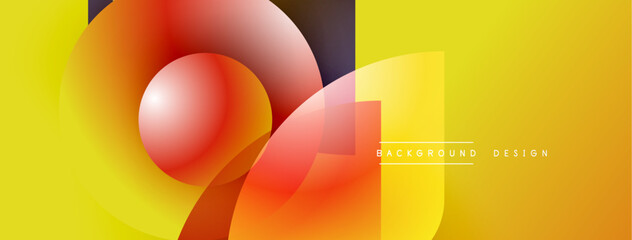 Abstract geometric shapes, vibrant yellow background, orange gradients, modern design elements. Smooth curves create dynamic composition.