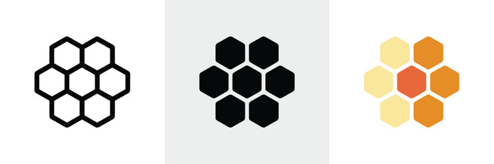 Honeycomb Icons Line Art, Solid Shapes, and Colorful Illustrations of Seven Hexagonal Cells