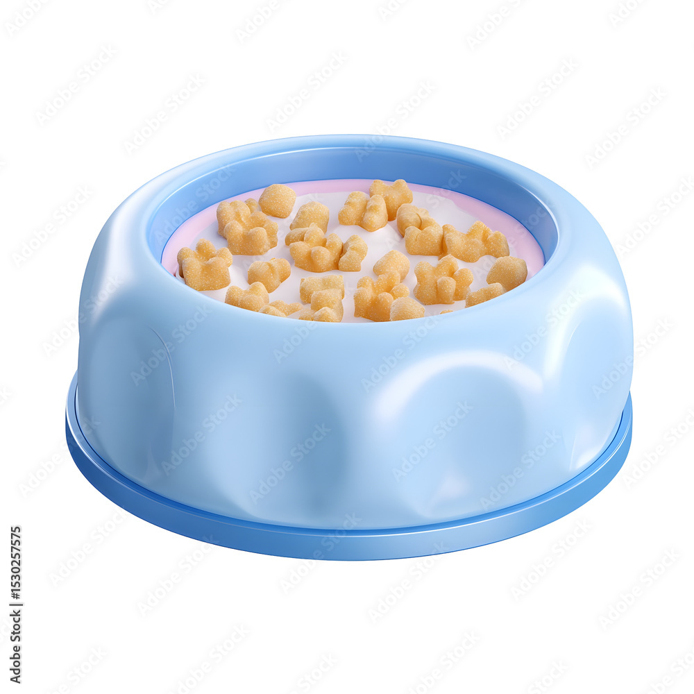 Poster closeup view of a pastel blue pet bowl filled with dry cat food kibble featuring a soft rounded cart