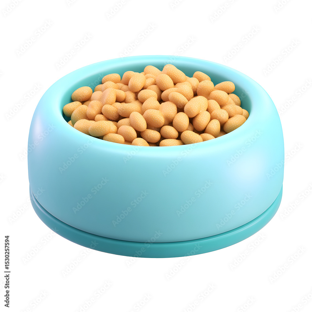 Poster a pastel blue pet bowl filled with soft round cat kibble pellets in a cozy cartoon inspired design w