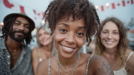 Fototapeta premium Celebrating friendship and joy at a rooftop party with sparklers under a golden sunset in the heart of the city