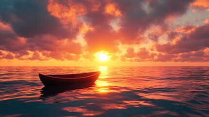 Solitary red boat floats serenely on calm ocean during vibrant sunset.