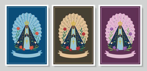 Set of cards of Our Lady of Aparecida. For invitations and posters, with space for text. Vector illustration.