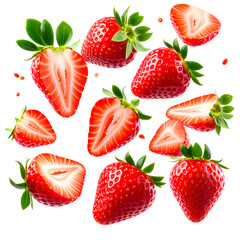 Whimsical Flying Strawberries and Halves in Mid-Air, Isolated PNG