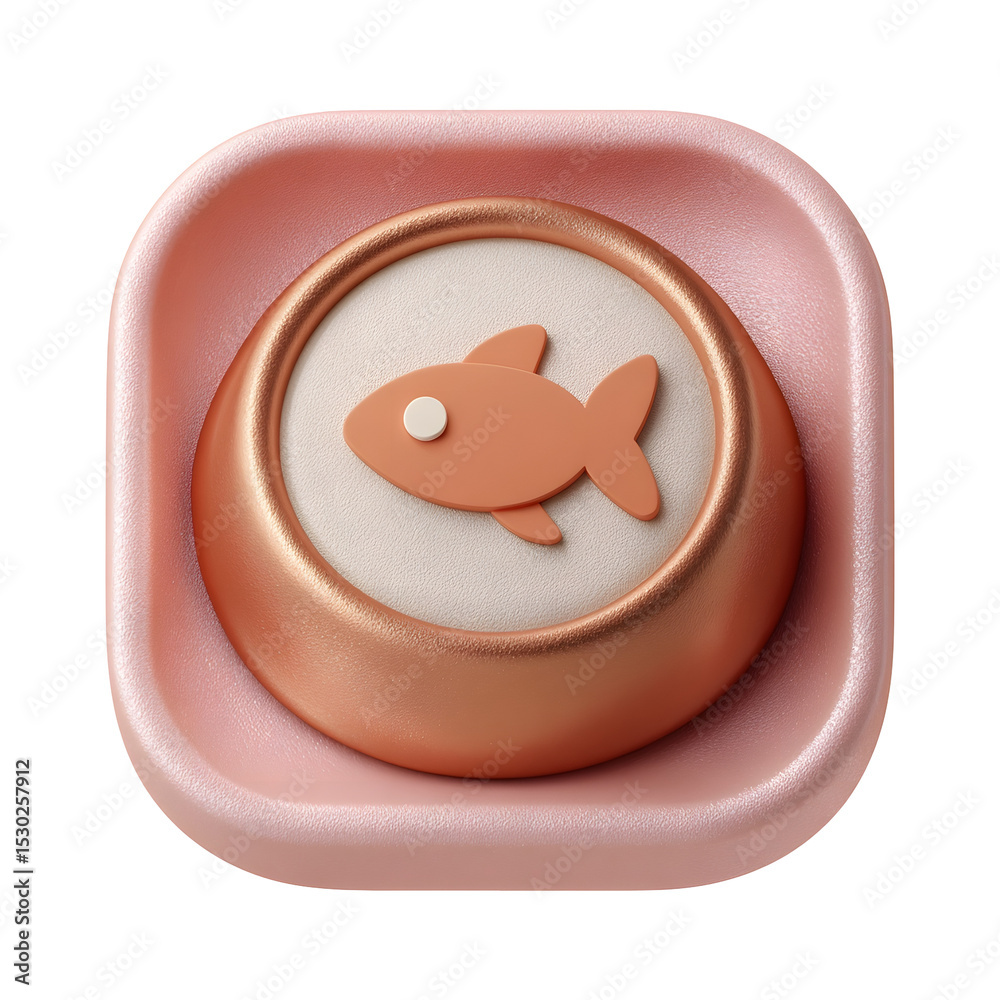 Poster minimalist 3d rendered icon of a pastel brown food bowl with a simple fish symbol featuring a soft r