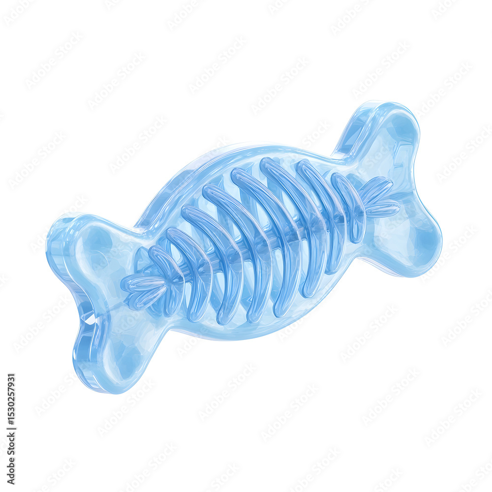 Poster a 3d cartoon inspired pastel blue fish bone shaped chew toy with a soft plastic texture and rounded 
