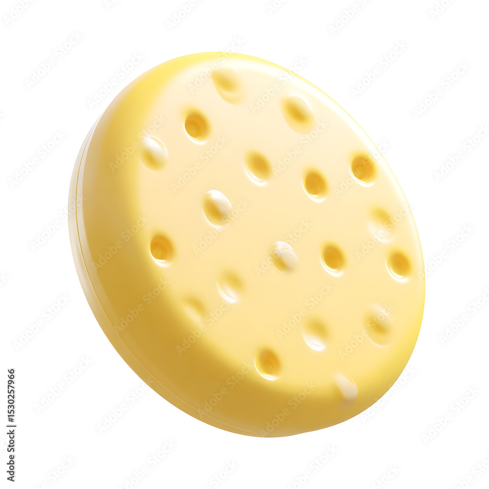 Poster A close up minimalist image of a pastel yellow cheese disc with a soft smooth texture and a pattern of scattered holes isolated on a clean white background