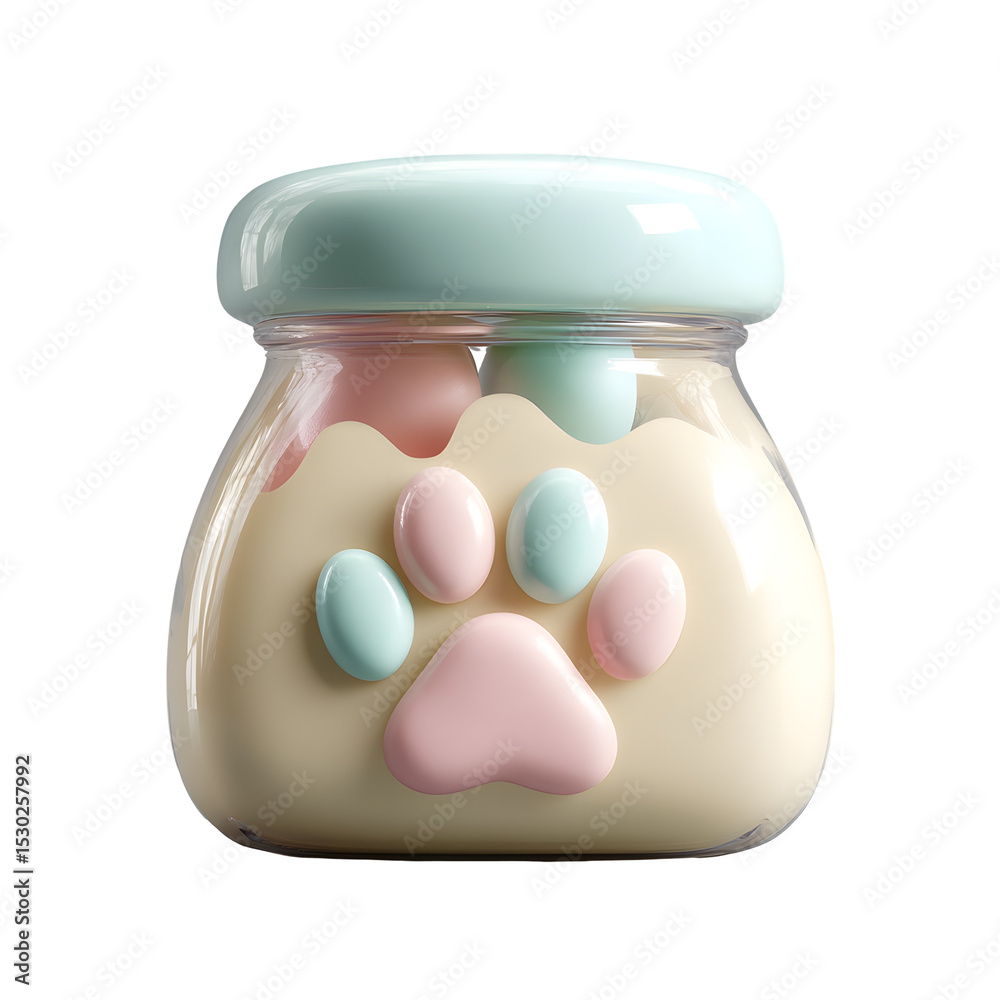Poster Soft rounded 3D icon of a pastel cream colored snack jar with a playful paw print design isolated on a plain background