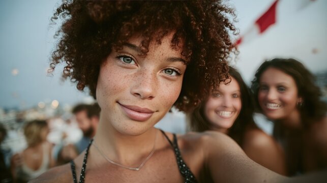friends celebrate a stunning sunset rooftop party with sparklers and a Canadian flag in the background - Powered by Adobe