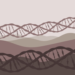 Dna strands over layered hills in sepia toned landscape