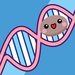 Cartoon dna strand with cute cell on a blue background