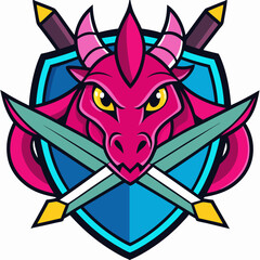 Illustration of a pink dragon head with crossed swords