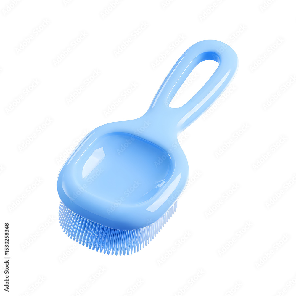 Poster a blue plastic grooming brush with a soft rounded design and pastel texture isolated on a white back