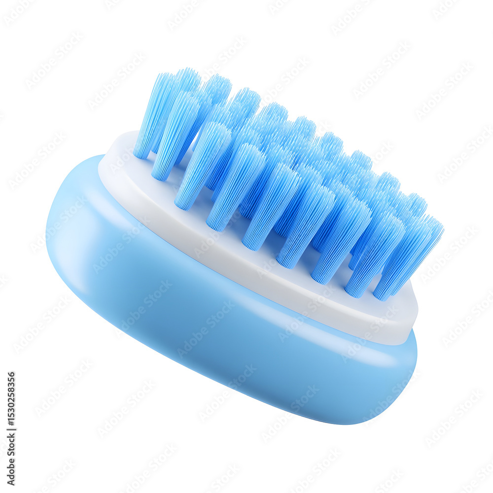 Poster closeup of a blue plastic grooming brush with soft rounded bristles in a simple minimalist design ag