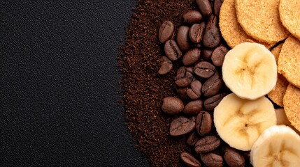 Eco Friendly concept. A visually appealing arrangement of coffee beans, ground coffee, and banana slices on a dark background.