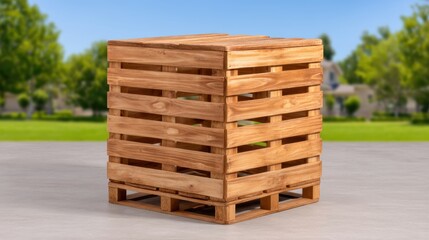 Eco Friendly concept. A wooden pallet stands in a sunny outdoor setting, showcasing its natural texture and utility for storage and transport.