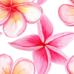 Pink plumeria flowers seamless pattern. Hand painted in watercolor. Ideal for spa branding, tropical packaging, summer wedding decor, textile design, greeting cards, botanical illustrations. Bright