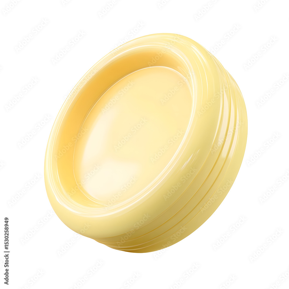 Poster A simple 3D rendered of a light yellow pastel colored plastic disc or toy with a soft smooth and rounded geometric form isolated on a transparent background